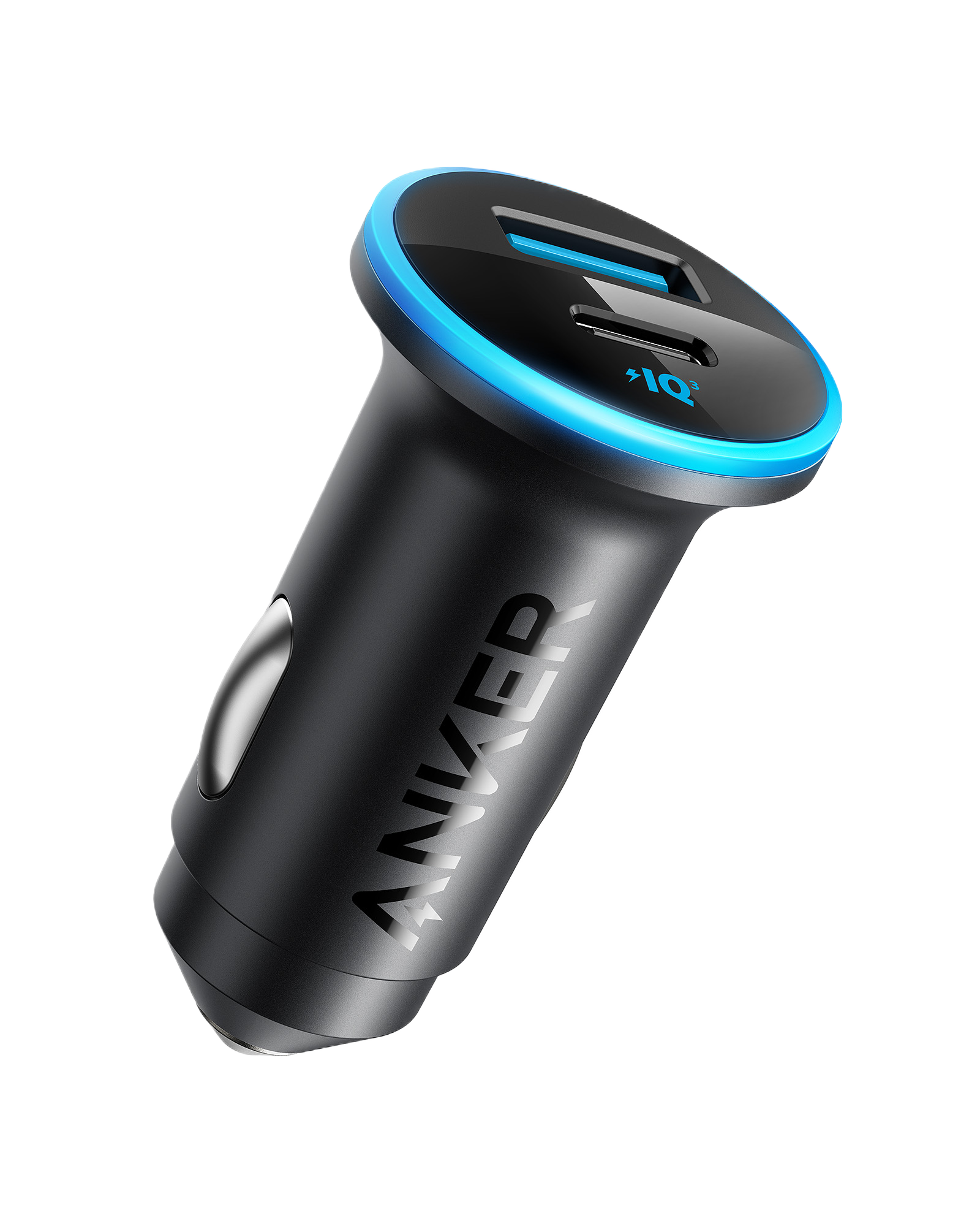 The Anker 323 Car Charger (52.5 W), in black with USB-A and USB-C ports and a blue LED ring, is shown on a white background for fast charging on the go.