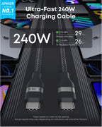 The Anker USB-C to USB-C Cable (3 ft / 6 ft, 240W, Upcycled-Braided) features recycled braided design and rapid charging—powering iPhone 16 Pro Max in 29 min and 16" MacBook Pro in 26 min—shown with USB-C connectors and multiple devices.