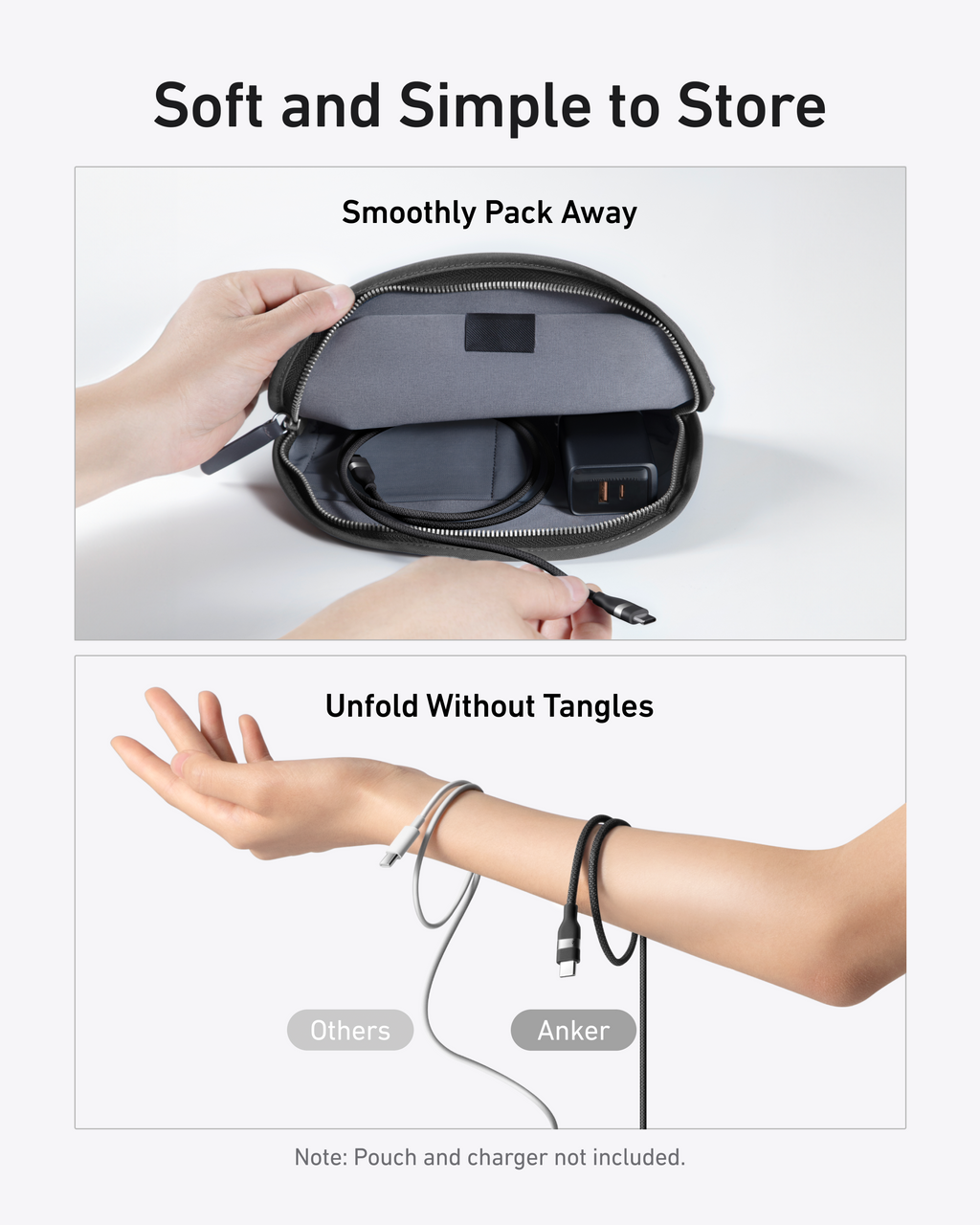 Two images compare cable storage. The top shows packing cables into a pouch. The bottom: one arm with a tangled cable labeled "Others," the other with an Anker USB-C to USB-C Cable (3 ft/6 ft, 240W, Upcycled-Braided), neatly coiled. Text: "Soft and Simple to Store.