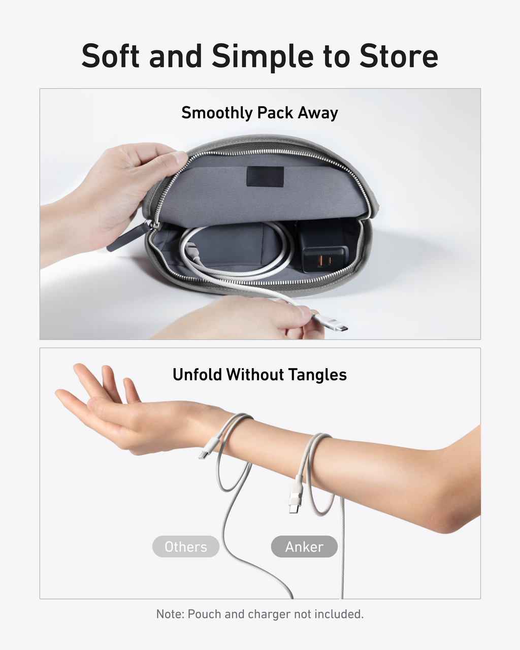 A hand smoothly packs a gray pouch with gadgets. Below, two arms display cables: one tangled "Others" and one neatly looped ultra-durable Anker USB-C to USB-C Cable (3 ft / 6 ft, 240W, Upcycled-Braided). Text highlights "Soft and Simple to Store.