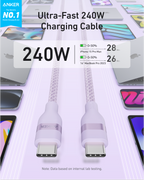 Advertisement for Anker USB-C to USB-C Cable (3 ft / 6 ft, 240W, Upcycled-Braided), showing fast charging for iPhone 15 Pro Max (28 mins) and MacBook Pro 2023 (26 mins) with two connectors and durable recycled braided design.