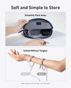 A hand places an Anker USB-C to USB-C Cable (3 ft/6 ft, 240W, Upcycled-Braided) into a pouch; below, cables labeled "Others" and "Anker" are wrapped around arms. Text: "Soft and Simple to Store—Unfold Without Tangles.