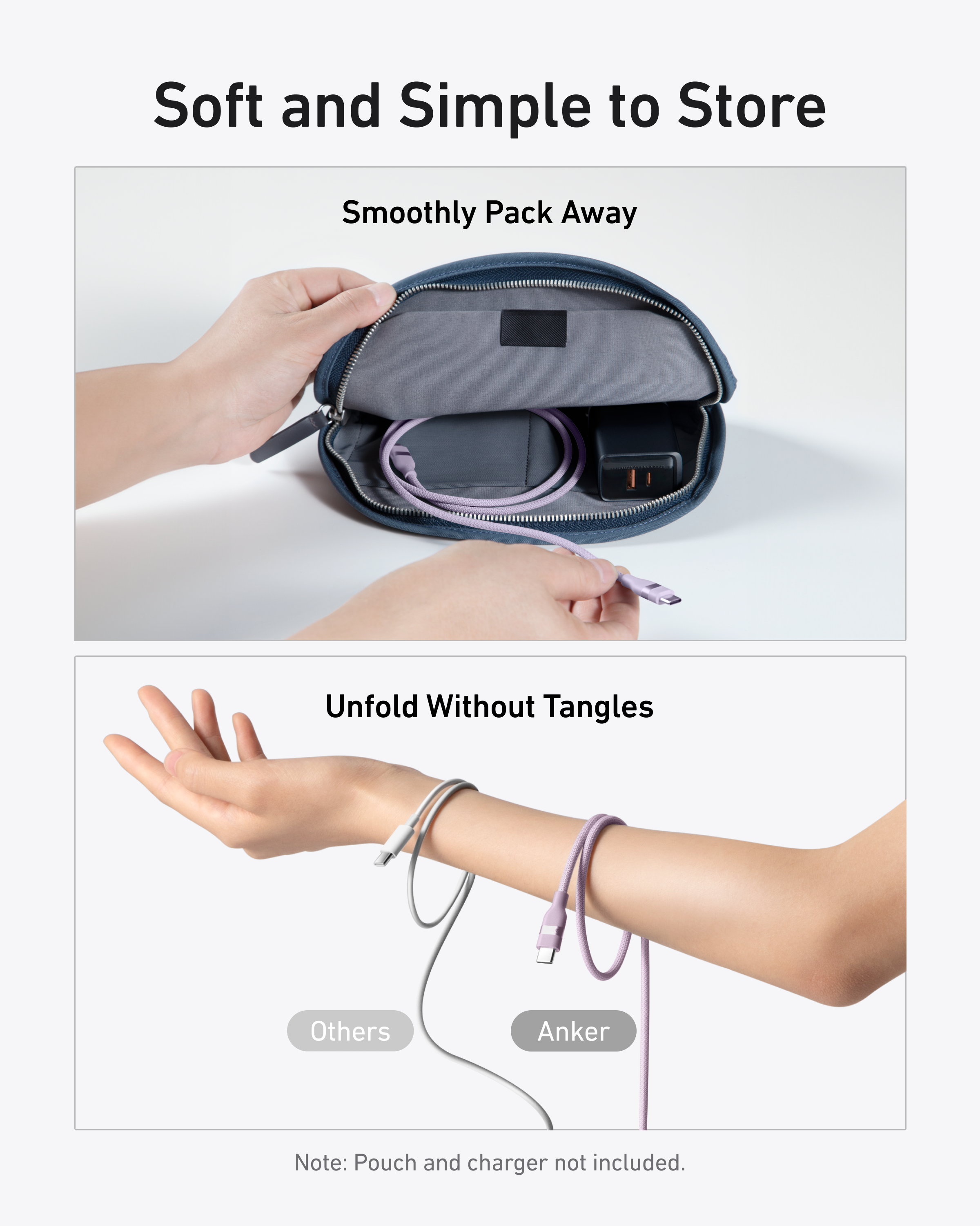 A hand places an Anker USB-C to USB-C Cable (3 ft/6 ft, 240W, Upcycled-Braided) into a pouch; below, cables labeled "Others" and "Anker" are wrapped around arms. Text: "Soft and Simple to Store—Unfold Without Tangles.