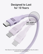 Three ultra-durable Anker USB-C to USB-C Cables (3 ft/6 ft, 240W, Upcycled-Braided) feature recycled braided construction, a 30,000+ bend lifespan, and a design life of up to 10 years per lab tests with 8 bends daily.