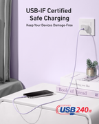 A smartphone charges on a white nightstand using the wall outlet. Text: "USB-IF Certified Safe Charging. Keep Devices Damage-Free." At the bottom, an Anker USB-C to USB-C Cable (240W, Upcycled-Braided) and certification logo are shown.