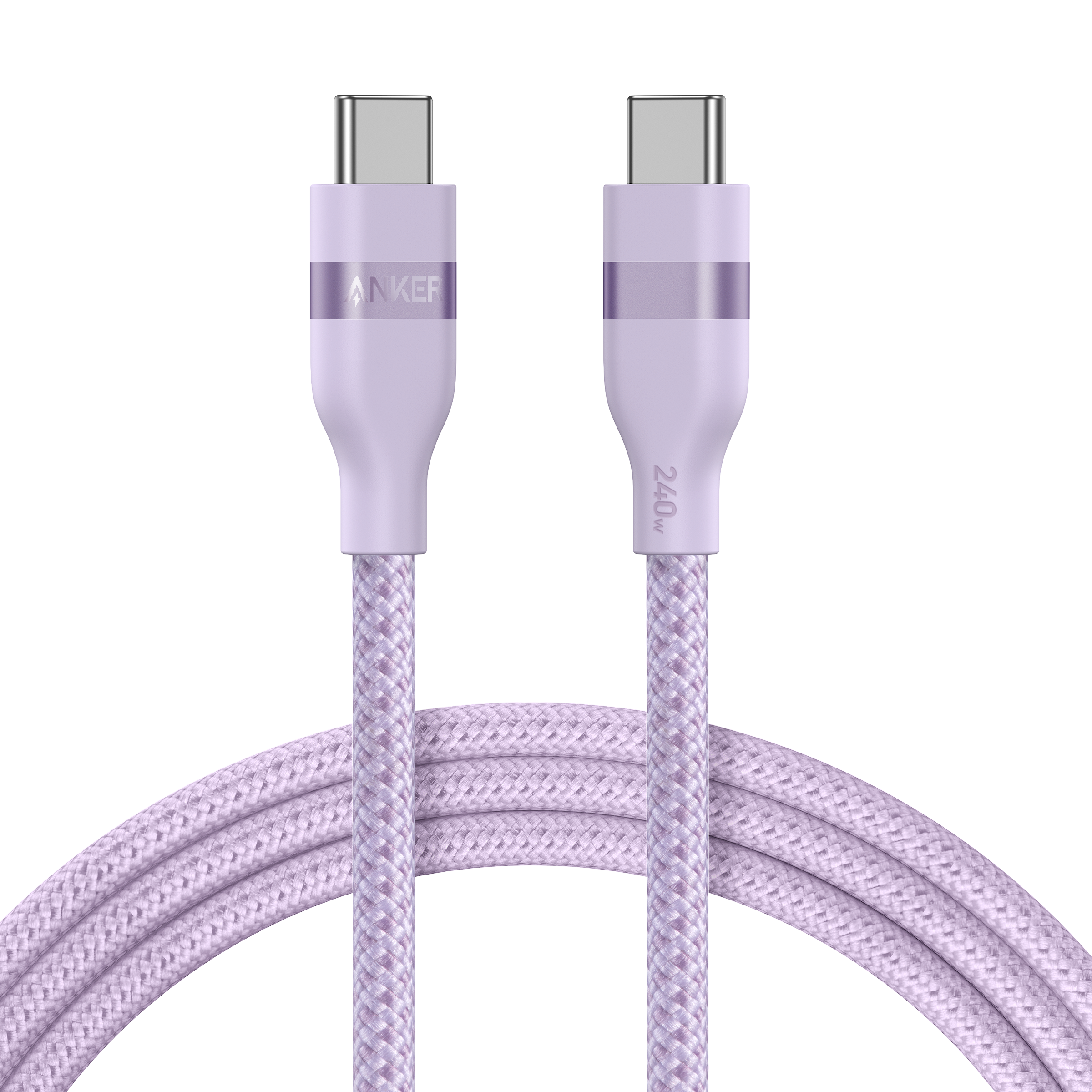 The Anker USB-C to USB-C Cable (3 ft/6 ft, 240W, Upcycled-Braided) in lavender features reinforced connectors and lies coiled neatly on a plain white background.