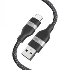 A close-up of the Anker USB-A to USB-C Cable (3 ft/6 ft, Upcycled-Braided), featuring a durable black and gray upcycled-braided design with "ANKER"-labeled metallic connectors made from recycled materials.