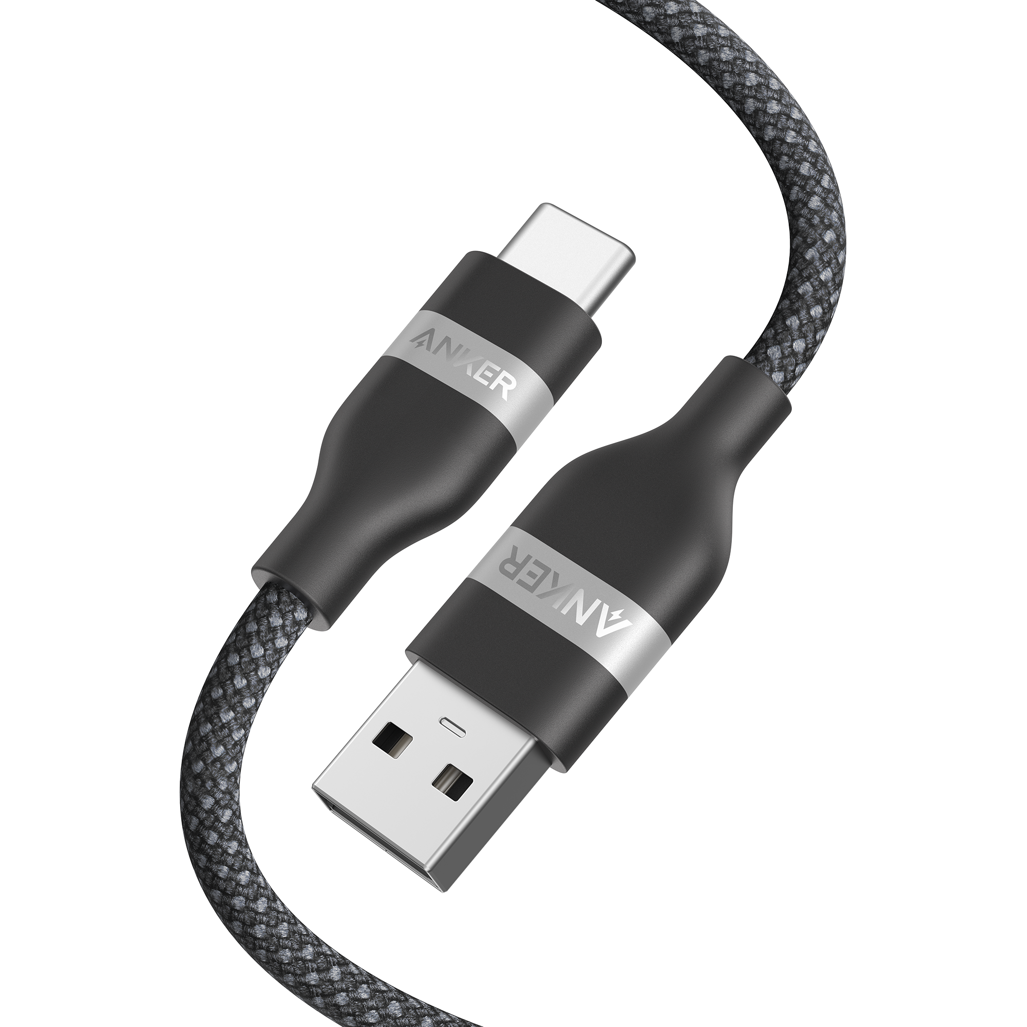 A close-up of the Anker USB-A to USB-C Cable (3 ft/6 ft, Upcycled-Braided), featuring a durable black and gray upcycled-braided design with "ANKER"-labeled metallic connectors made from recycled materials.