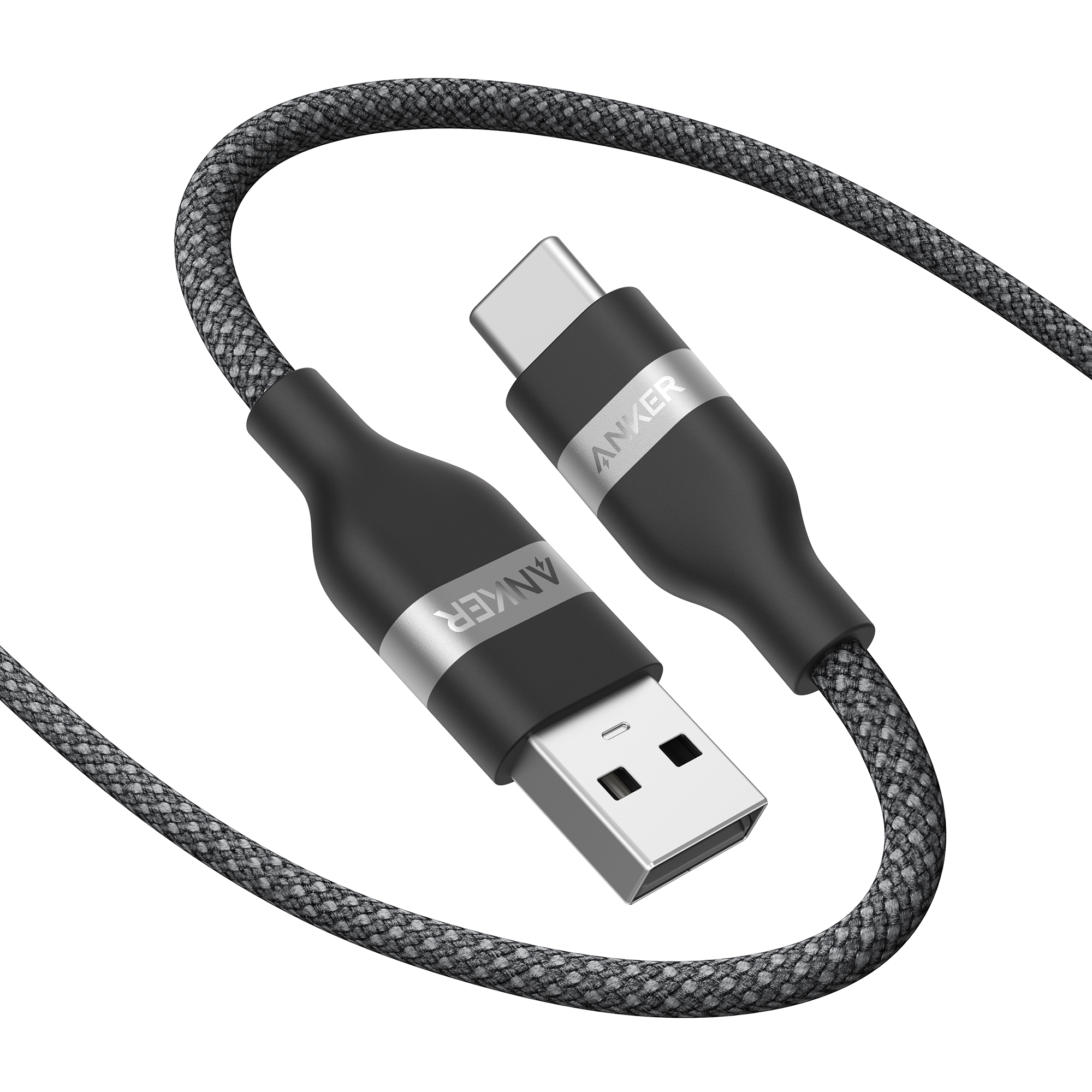 The Anker USB-A to USB-C Cable (3 ft/6 ft, Upcycled-Braided) is durable, made with upcycled braided material, features black and silver accents, and displays the "ANKER" logo.