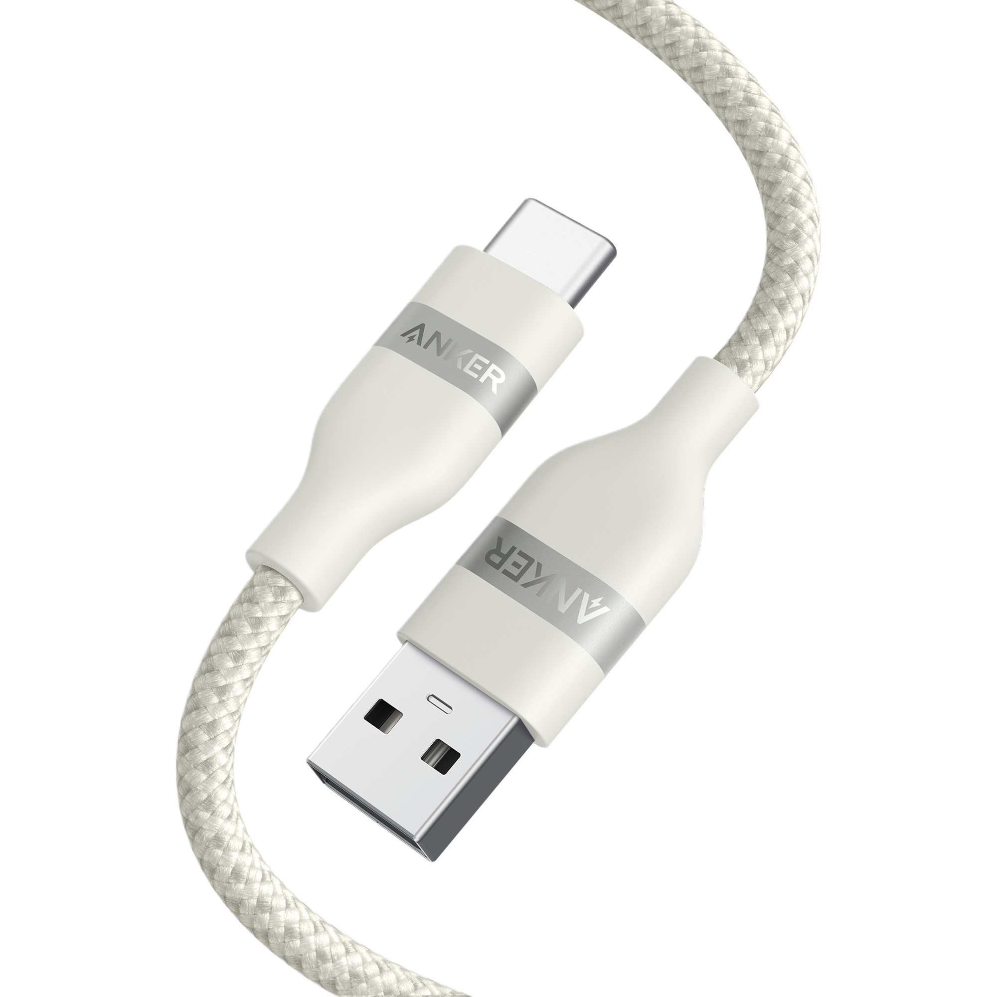 The Anker USB-A to USB-C Cable (3 ft/6 ft, Upcycled-Braided) features a durable, white braided design with labeled connectors, made from recycled materials and shown on a plain white background.