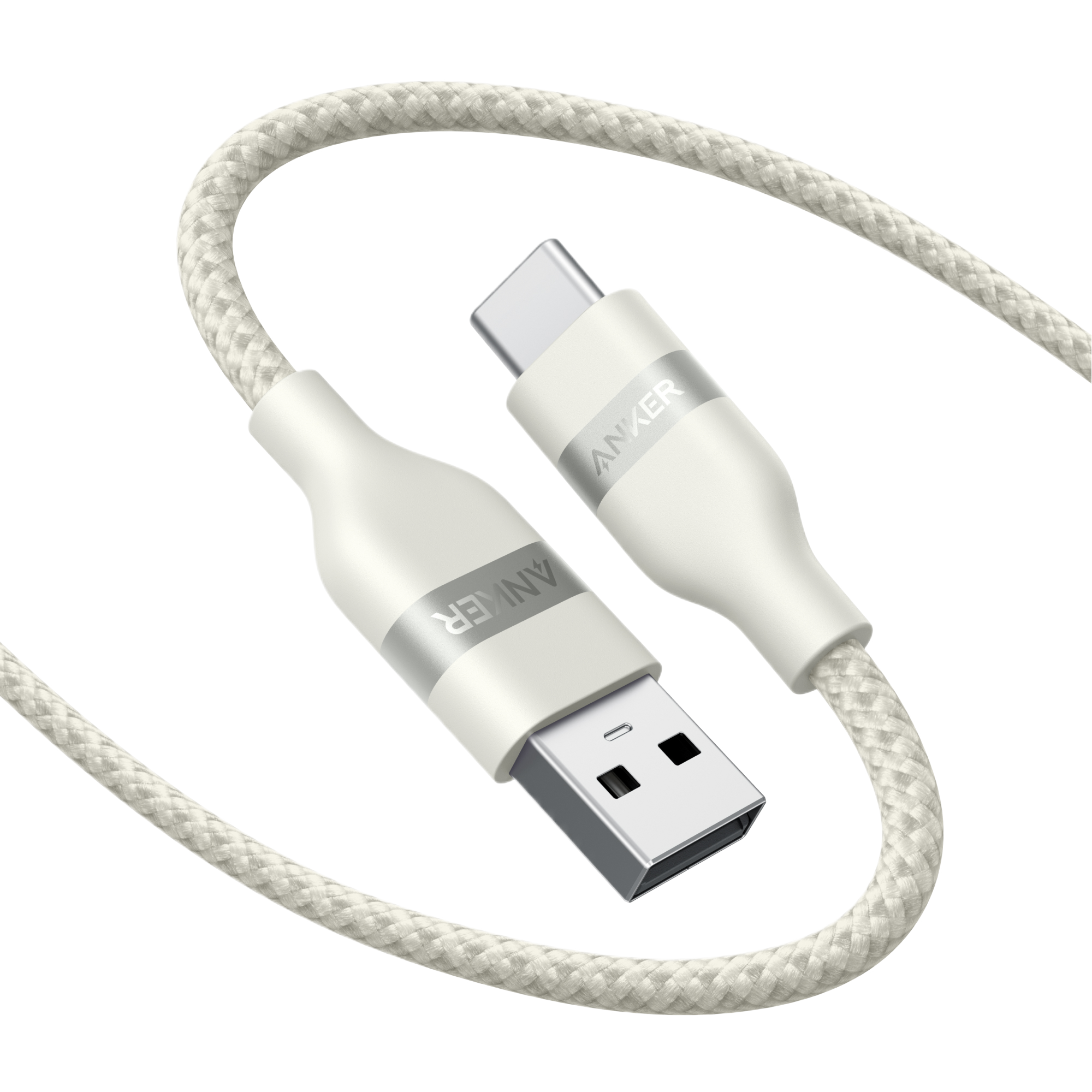The Anker USB-A to USB-C Cable (3 ft/6 ft, Upcycled-Braided) features a durable, white braided design made from recycled materials, combining USB-A and USB-C connectors against a light background.
