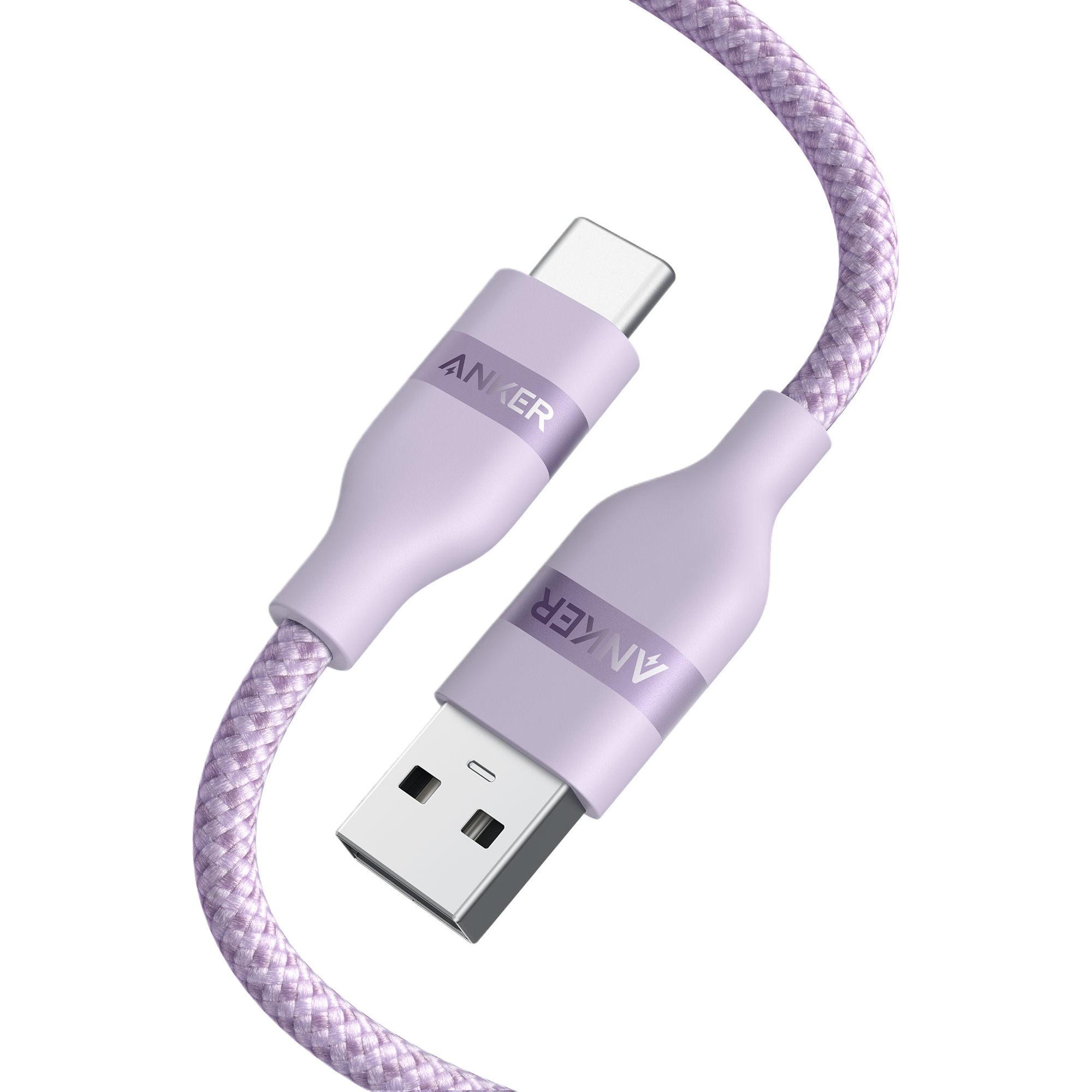 The Anker USB-A to USB-C Cable (3 ft/6 ft, Upcycled-Braided) in lavender features durable, eco-friendly braided construction and both USB-A and USB-C connectors, shown against a white background.