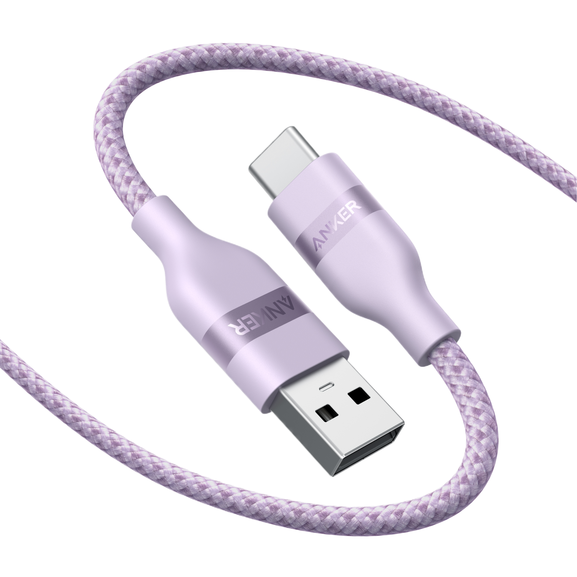 The Anker USB-A to USB-C Cable (3 ft/6 ft, Upcycled-Braided) in lavender, made from recycled materials, is displayed on a plain light background.