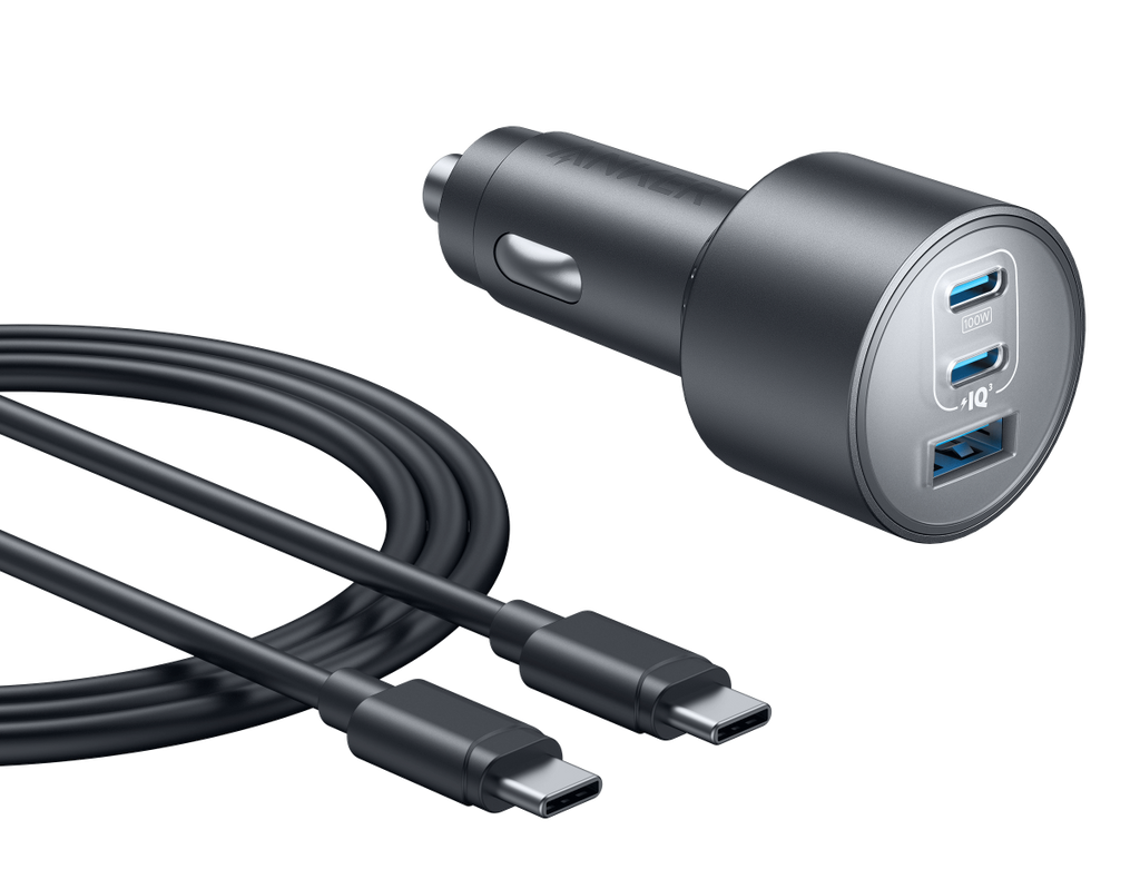 The Anker Nano Car Charger (167.5W, 3 Ports) in black features two USB-C and one USB-A port, comes with a 100W USB-C charging cable, and is showcased on a white background.