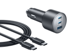The Anker Nano Car Charger (167.5W, 3 Ports) in black features two USB-C and one USB-A port, comes with a 100W USB-C charging cable, and is showcased on a white background.