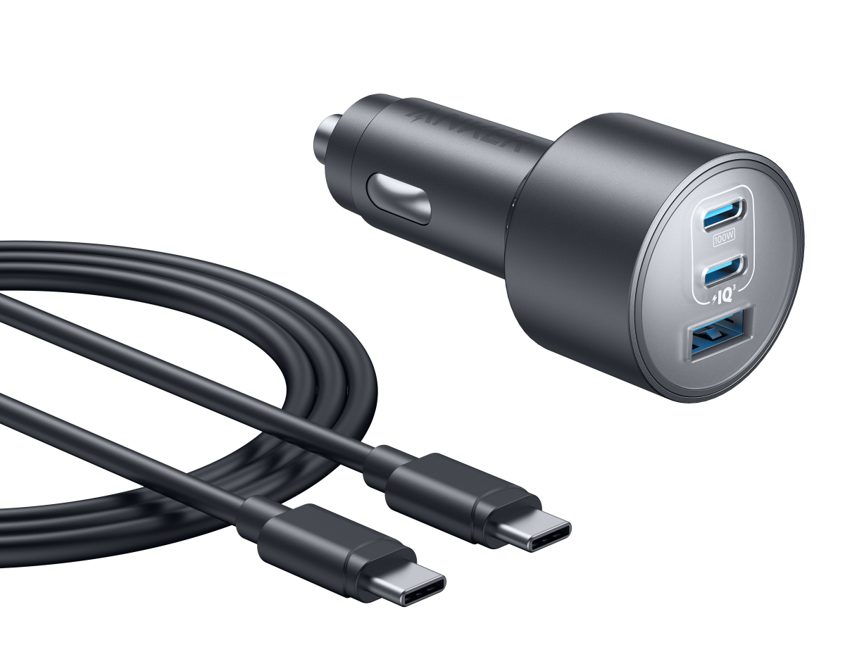 The Anker Nano Car Charger (167.5W, 3 Ports) in black features two USB-C and one USB-A port, comes with a 100W USB-C charging cable, and is showcased on a white background.