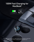 The Anker Nano Car Charger (167.5W, 3 Ports) fits in a car cup holder and charges a MacBook Pro with 100W fast charging—50% in 47 min—from its first port, as shown by on-screen text.