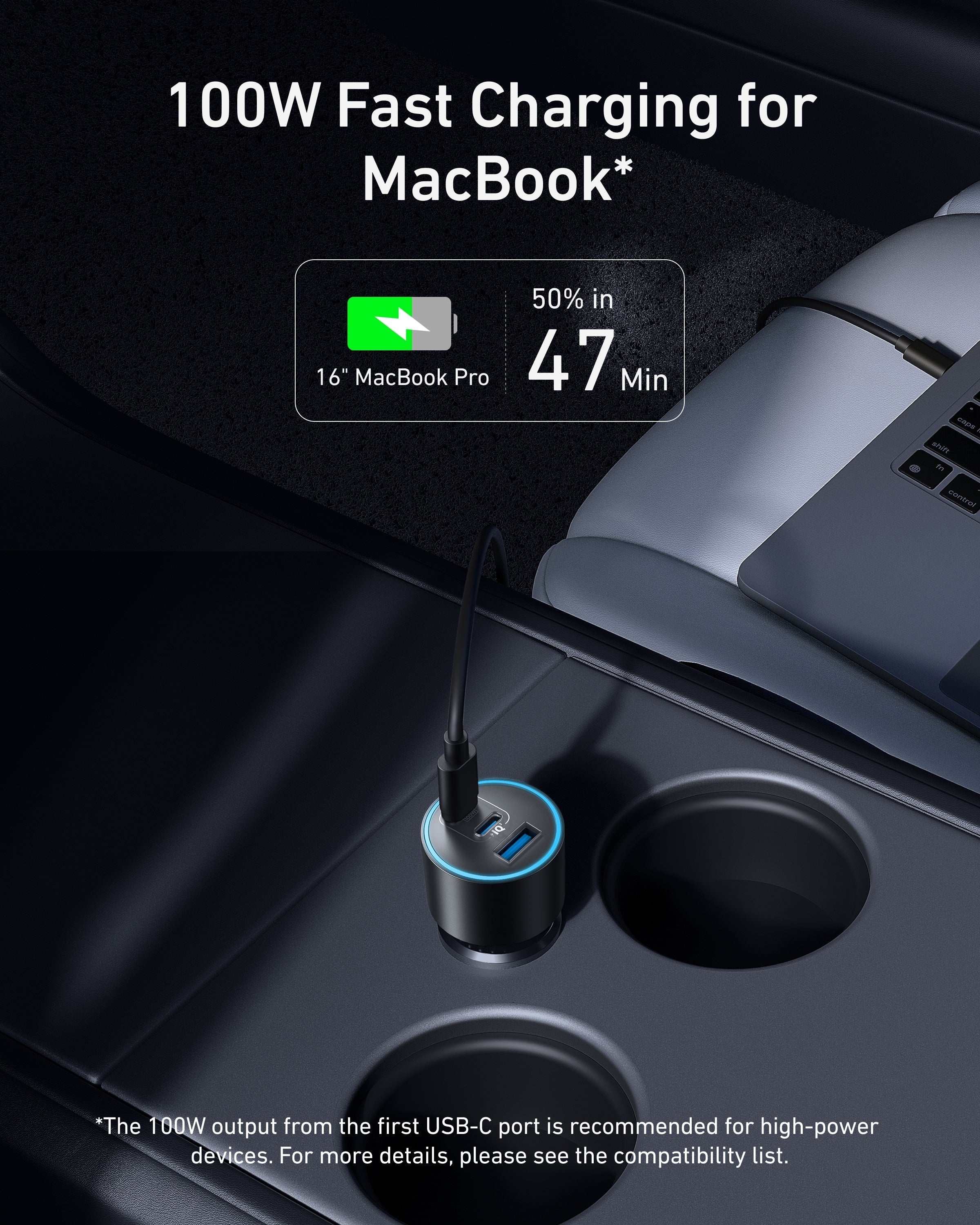 The Anker Nano Car Charger (167.5W, 3 Ports) fits in a car cup holder and charges a MacBook Pro with 100W fast charging—50% in 47 min—from its first port, as shown by on-screen text.