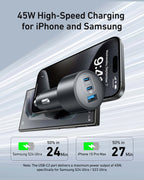 The Anker Nano Car Charger (167.5W, 3 Ports) fast charges two phones—Samsung S24 Ultra to 50% in 24 mins, iPhone 15 Pro Max in 27 mins—with up to 45W high-speed power for iPhone and Samsung, ensuring rapid charging on the go.