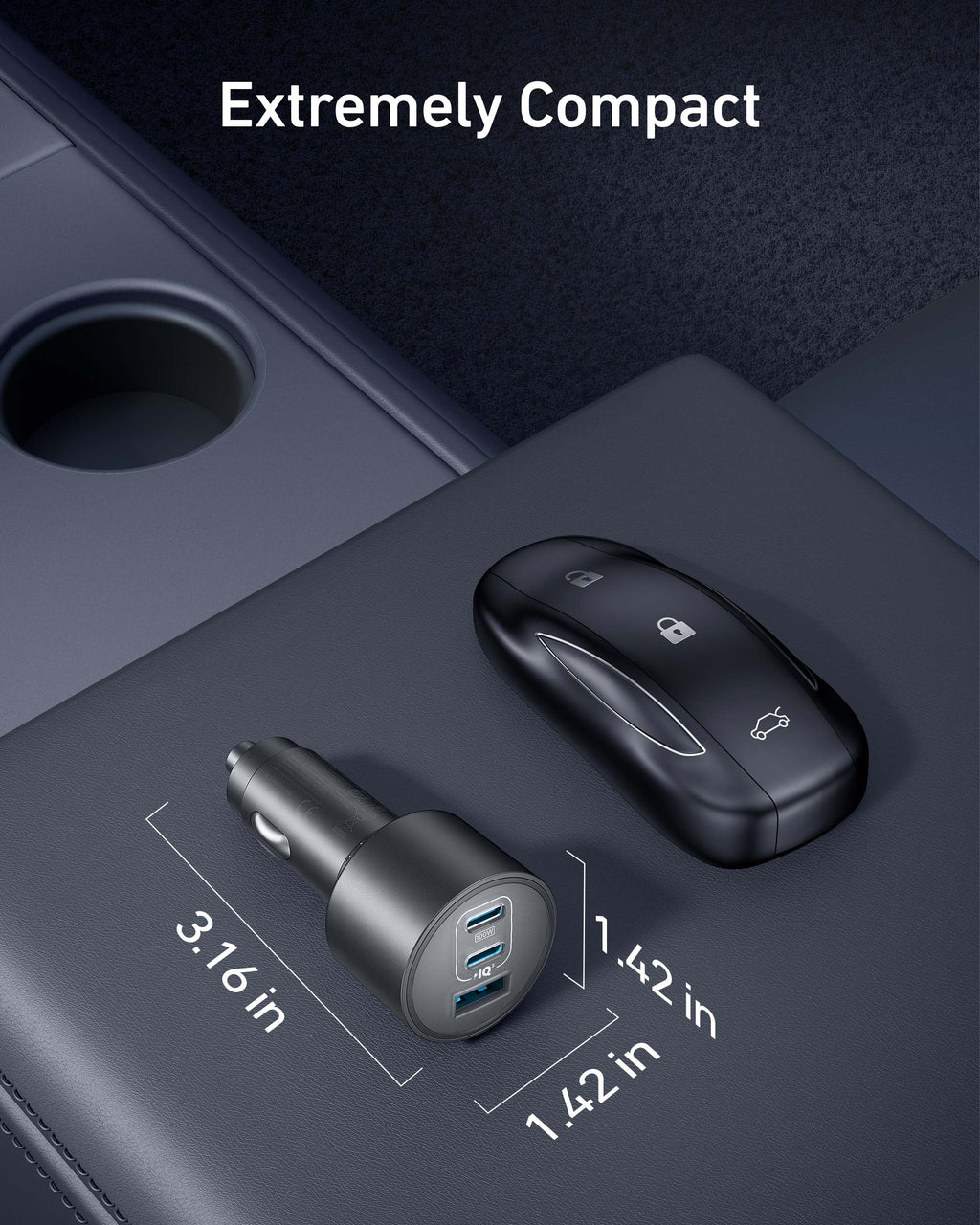 A black Anker Nano Car Charger (167.5W, 3 Ports) sits beside a car key on a console. Text above says "Extremely Compact," with charger dimensions shown as 3.16 x 1.42 inches.