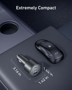A black Anker Nano Car Charger (167.5W, 3 Ports) sits beside a car key on a console. Text above says "Extremely Compact," with charger dimensions shown as 3.16 x 1.42 inches.
