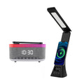 The 2-in-1 Charging & Illumination Set combines a wireless charging alarm clock speaker displaying 10:30 with an LED desk lamp charger, shown charging a phone wirelessly and featuring a digital clock at its base.