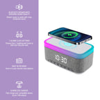 The 2-in-1 Charging & Illumination Set combines a wireless charging alarm clock speaker with seven alarms, FM radio, Qi charging, and an LED desk lamp charger. Icons and descriptions are displayed on the left for easy reference.