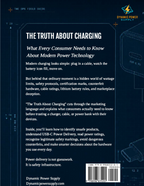 Back cover of "The Truth About Charging: What Every Consumer Needs to Know About Modern Power Technology" (Digital eBook PDF), featuring a summary on modern power technology, expert tips for USB-C devices and fast charging, the publisher’s logo, a barcode, and a charger diagram set against a blue technical blueprint-style background.