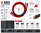 Infographic of 4 AWG Battery Inverter Cables 5FT with red and black insulation, stranded copper wire, and 3/8 in ring terminals, highlighting specs, flexible PVC insulation, and high-current use in solar power systems.