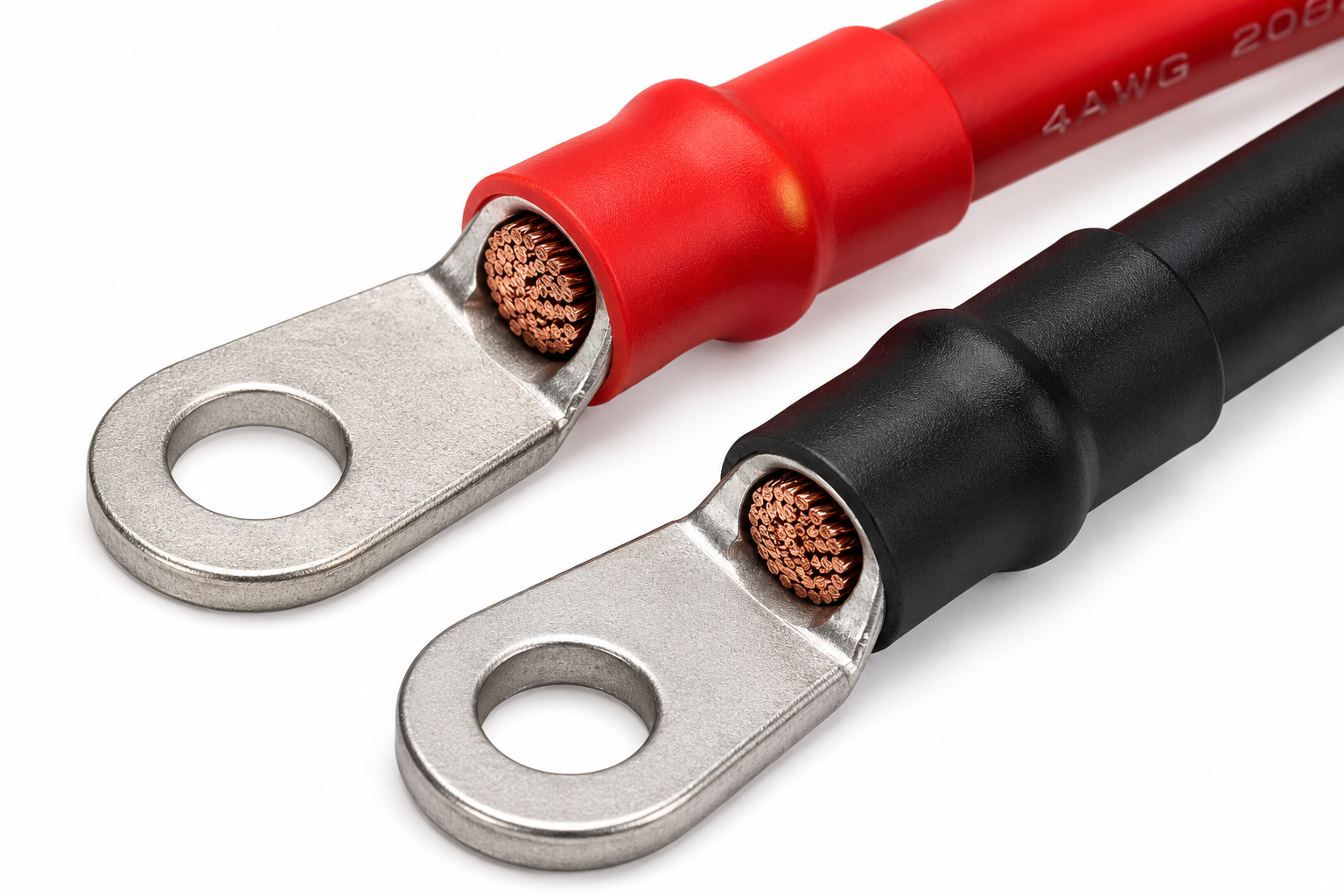 Close-up of 4 AWG Battery Inverter Cables 5FT with 3/8 in ring terminals; one red, one black, showing exposed copper—perfect for use as inverter cables in solar power systems.