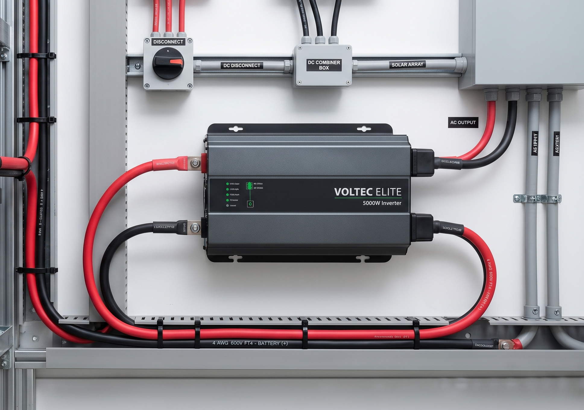 A VOLTEC ELITE 5000W inverter is wall-mounted and connected to 4 AWG Battery Inverter Cables (5FT, 3/8 in ring terminals), with clearly labeled electrical components and conduits arranged for an advanced solar power setup.