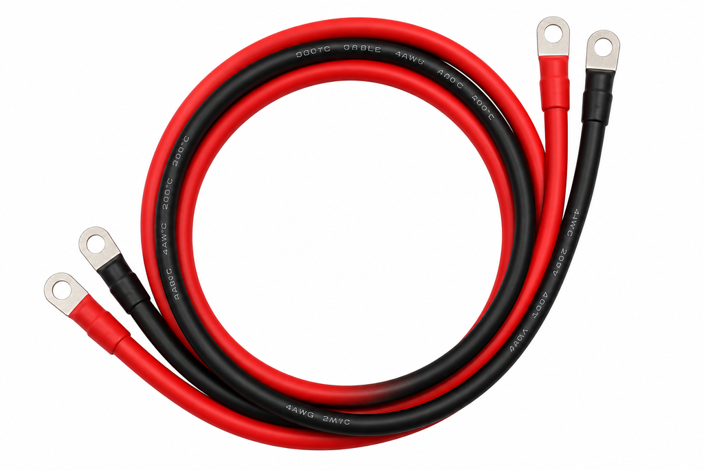 Two 5FT 4 AWG battery inverter cables—one red, one black—each with 3/8 in ring terminals at both ends, ideal for inverters, jumper cables, or solar power systems.