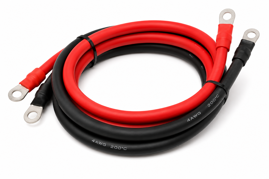 The 4 AWG Battery Inverter Cables 5FT w/ 3/8 in Ring Terminals include one red and one black cable, both labeled "4 AWG 200°C," with metal ring connectors at both ends—perfect for solar or inverter power setups.