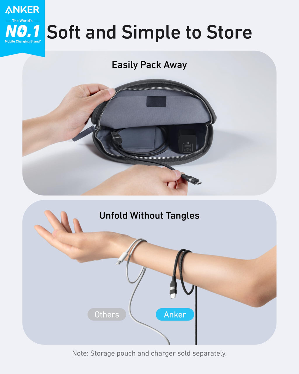 Top: A hand puts an Anker USB-A to USB-C Cable (Upcycled-Braided) in a gray pouch. Bottom: One cable is tangled, while the Anker cable is neatly wrapped—showcasing tangle-free, easy storage and durability from recycled materials.