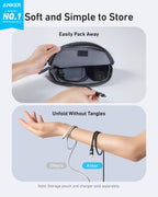 Top: A hand puts an Anker USB-A to USB-C Cable (Upcycled-Braided) in a gray pouch. Bottom: One cable is tangled, while the Anker cable is neatly wrapped—showcasing tangle-free, easy storage and durability from recycled materials.