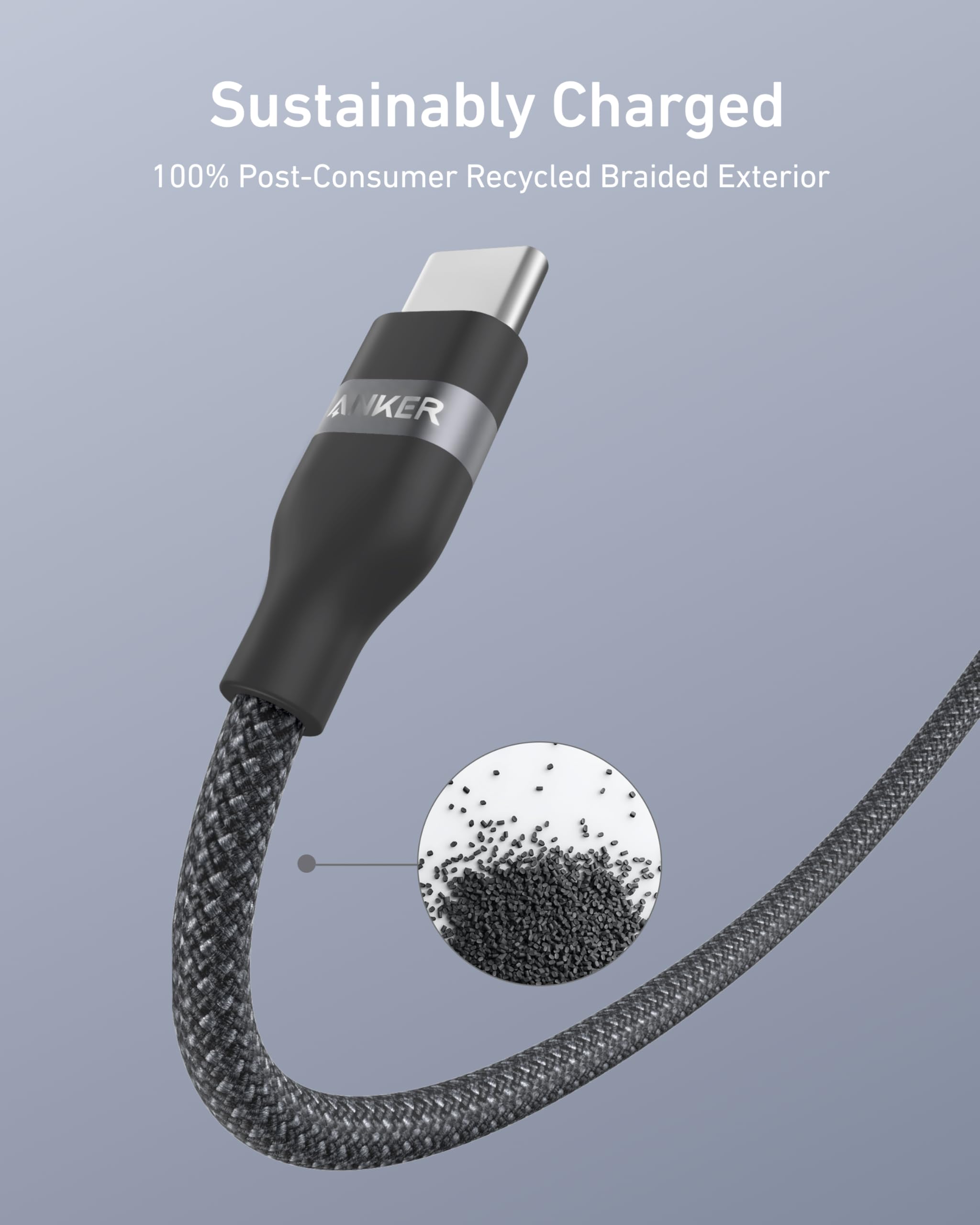The black Anker USB-A to USB-C Cable (3 ft/6 ft, Upcycled-Braided) features a braided exterior made from 100% post-consumer recycled materials and displays the "ANKER" logo with recycled plastic pellets, labeled "Sustainably Charged.