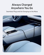An Anker USB-A to USB-C Cable (Upcycled-Braided, 3 ft/6 ft) connects a smartphone on a modern car’s center console with light blue seats. Text reads: "Always Charged Anywhere You Go" and "Seamless Plug-and-Go Charging on the Move.
