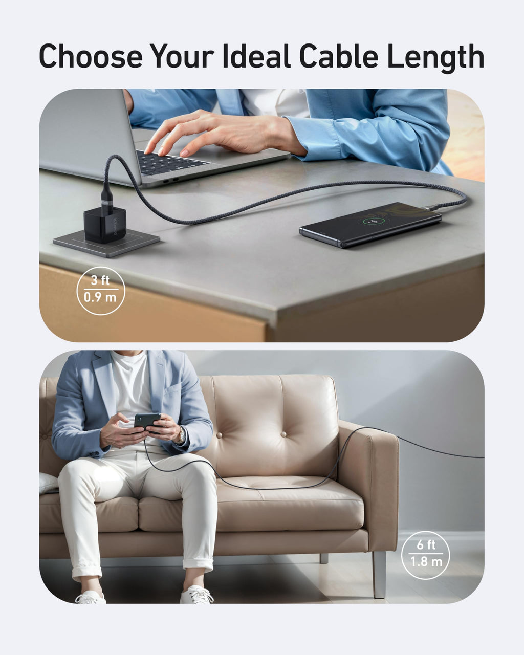 Two images show charging cable lengths: one uses a 3 ft Anker USB-A to USB-C Cable (Upcycled-Braided) at a desk, while the other uses the 6 ft version to charge a phone on a sofa.