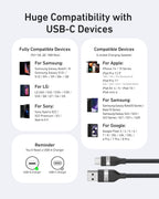 Infographic of USB-C devices by brand—Samsung, LG, Sony, Apple, Google—plus Anker USB-A to USB-C Cable (3 ft/6 ft, Upcycled-Braided) tips made from recycled materials; note that a USB-A charger is required.