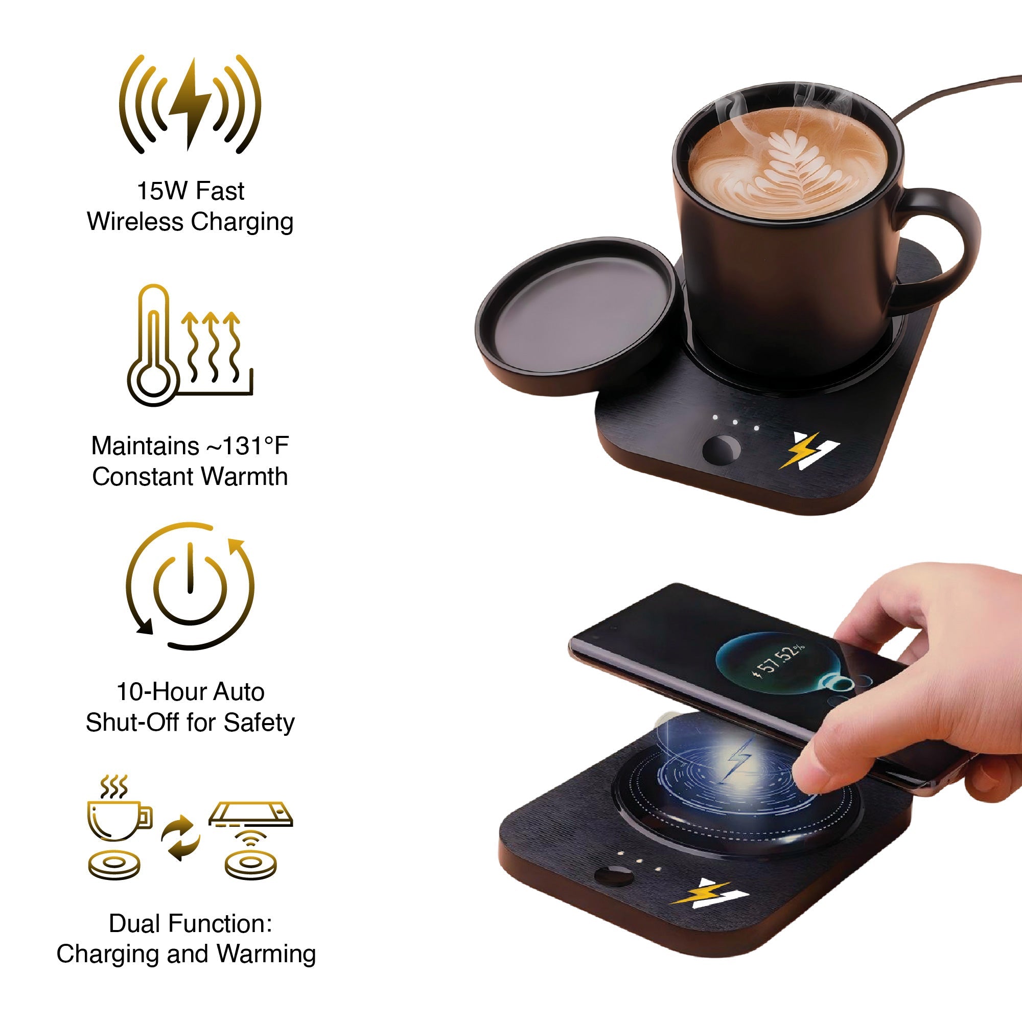 The Sip & Charge 2-in-1 Wireless Charger & Mug Warmer keeps your mug at ~131°F, wirelessly charges phones at 15W, auto shuts off after 10 hours, and features dual charging/warming modes—all in a sleek black design.