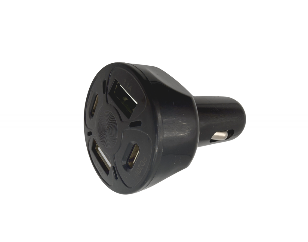 Introducing the PD20W USB-C & QC3.0 Fast Car Charger Adapter—a sleek black 4-port vehicle charger designed to plug into your car’s cigarette lighter socket. Featuring both USB-C Power Delivery and Quick Charge 3.0 technology, this charger allows you to rapidly charge multiple devices at once, with an LED indicator for added convenience.