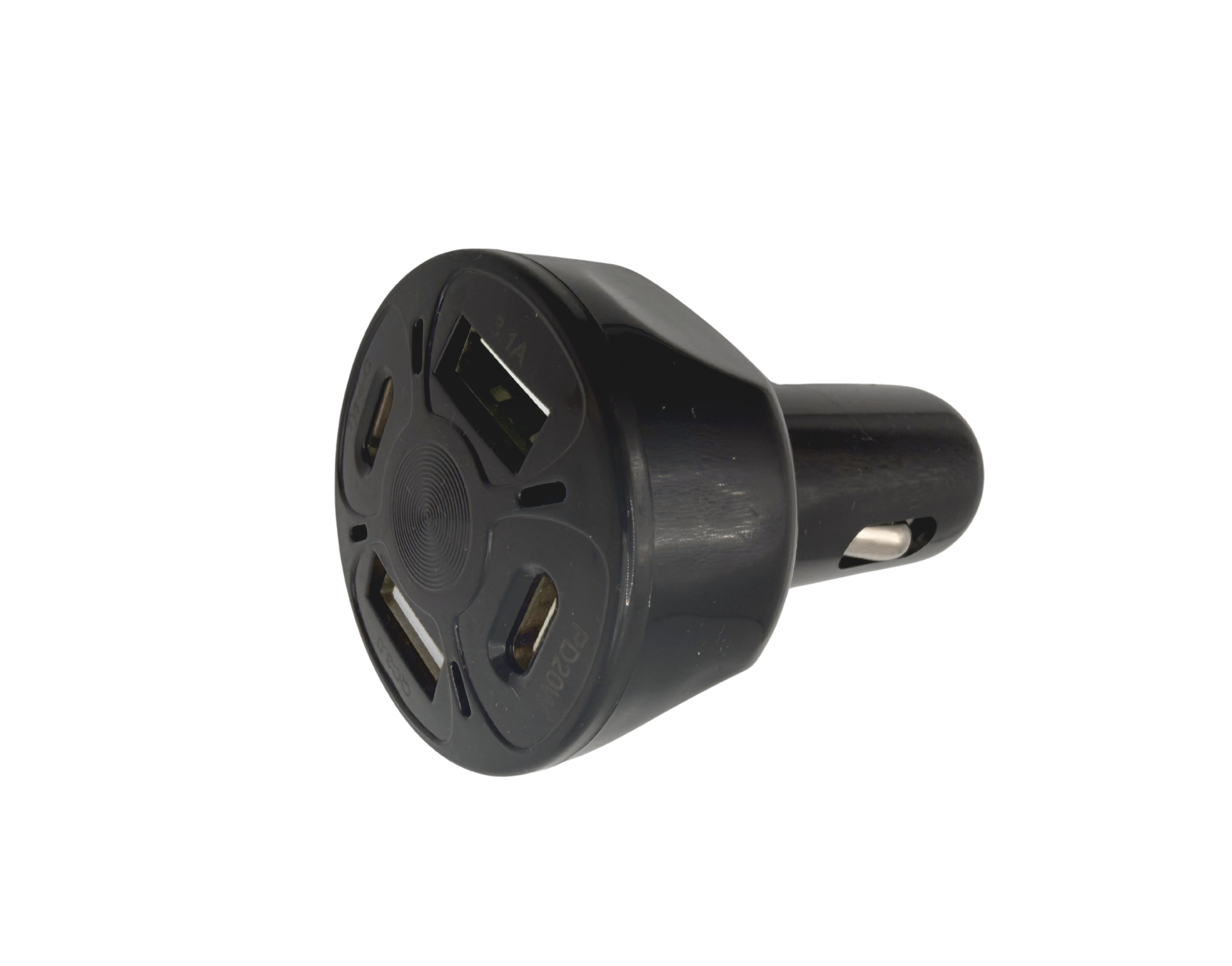 Introducing the PD20W USB-C & QC3.0 Fast Car Charger Adapter—a sleek black 4-port vehicle charger designed to plug into your car’s cigarette lighter socket. Featuring both USB-C Power Delivery and Quick Charge 3.0 technology, this charger allows you to rapidly charge multiple devices at once, with an LED indicator for added convenience.