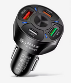 Here is the rewritten sentence using the given product data: The PD20W USB-C & QC3.0 Fast Car Charger Adapter is a black, cylindrical 4-port vehicle charger featuring clearly labeled ports—QC3.0, PD20W, Type-C, and 3.1A. Marked with "PD20W QC Charge" in white text and equipped with an LED indicator, this device supports USB-C Power Delivery and Quick Charge technology for rapid charging of your devices on the go.