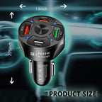 PD20W USB-C & QC3.0 Fast Car Charger Adapter – a black 4-port vehicle charger featuring USB-C Power Delivery, PD20W fast charging, and four total ports is shown with dimensions of 1.6 inches wide by 2.75 inches tall. The background displays a blurred car interior illuminated with glowing blue highlights, and the device includes an LED indicator for added convenience.