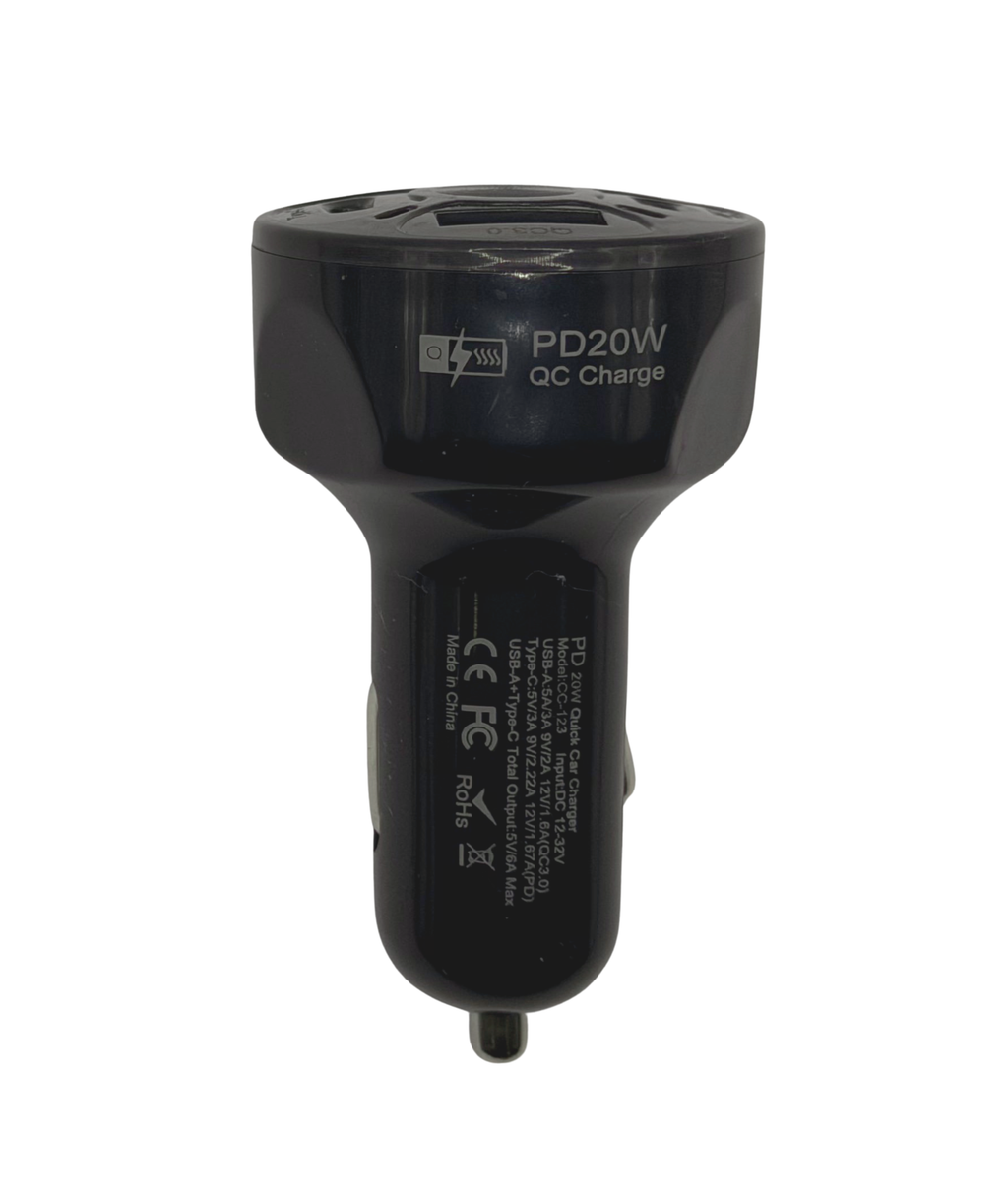 A black PD20W USB-C & QC3.0 Fast Car Charger Adapter with four ports, including Power Delivery and Quick Charge technology, printed charging and certification details, and an LED indicator, displayed on a white background.