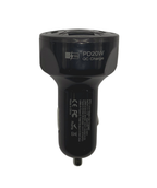 A black PD20W USB-C & QC3.0 Fast Car Charger Adapter with four ports, including Power Delivery and Quick Charge technology, printed charging and certification details, and an LED indicator, displayed on a white background.
