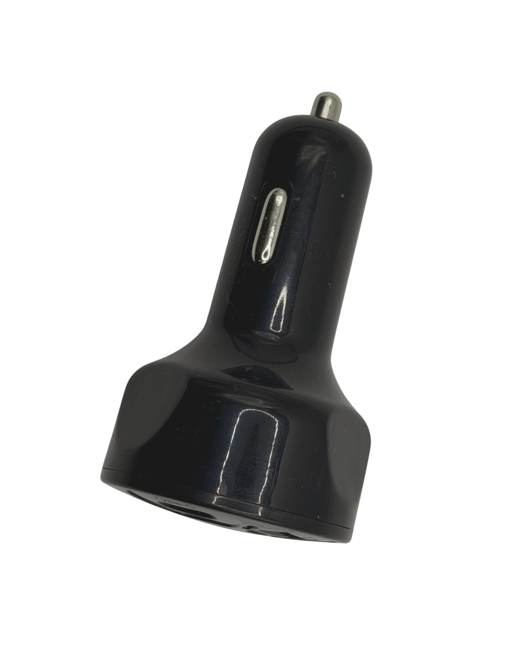 A black PD20W USB-C & QC3.0 Fast Car Charger Adapter, featuring four ports—including a USB-C port for Power Delivery and Quick Charge—with a metallic tip, LED indicator, and designed for rapid charging, shown on a white background.