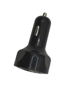 A black PD20W USB-C & QC3.0 Fast Car Charger Adapter, featuring four ports—including a USB-C port for Power Delivery and Quick Charge—with a metallic tip, LED indicator, and designed for rapid charging, shown on a white background.