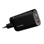 A black wall charger labeled "The Fast Charger" with two USB ports (one red, one orange) and a blue indicator light, set against a plain white background.