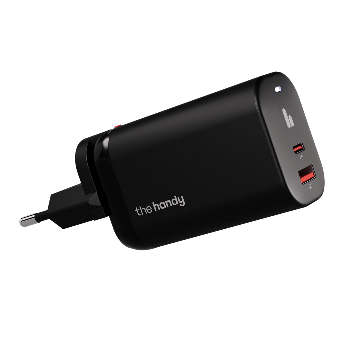 A black wall charger labeled "The Fast Charger" with two USB ports (one red, one orange) and a blue indicator light, set against a plain white background.